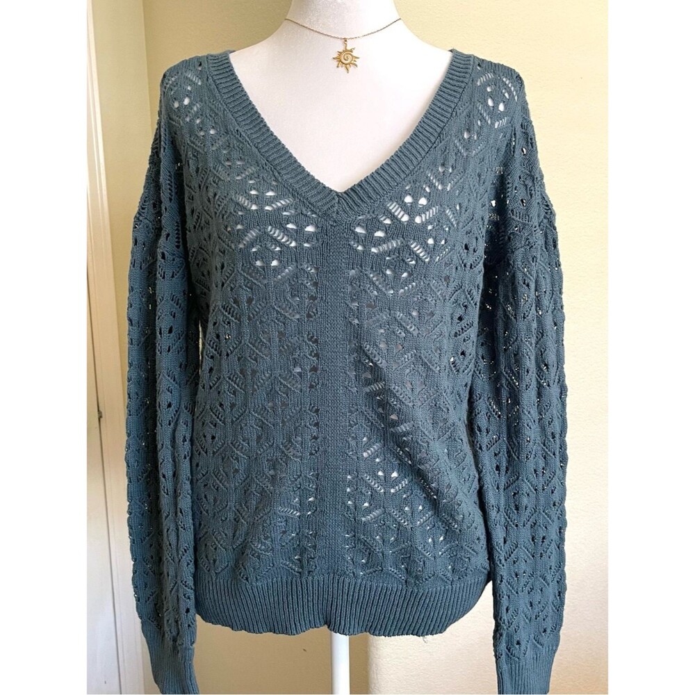 Maurices Cotton-Blend Teal V-Neck Open-Knit Sweater
